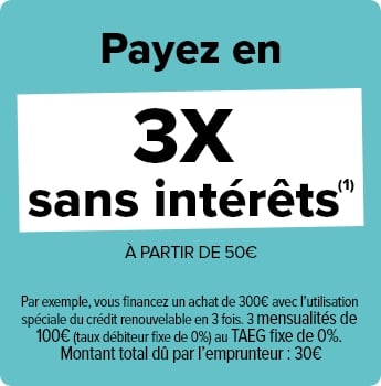 Payez en 3x sans intérêts à partir de 50 € - Par exemple, vous financez un achat de 300€ avec l’utilisation spéciale du crédit renouvelable en 3 fois. 3 mensualités de 100€ (taux débiteur fixe de 0%) au TAEG fixe de 0%. Montant total dû par l’emprunteur : 30€
